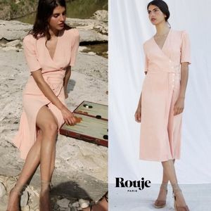 Rouje Iconic Gabin Wrap Midi Dress in Peach Polka Dot size 36